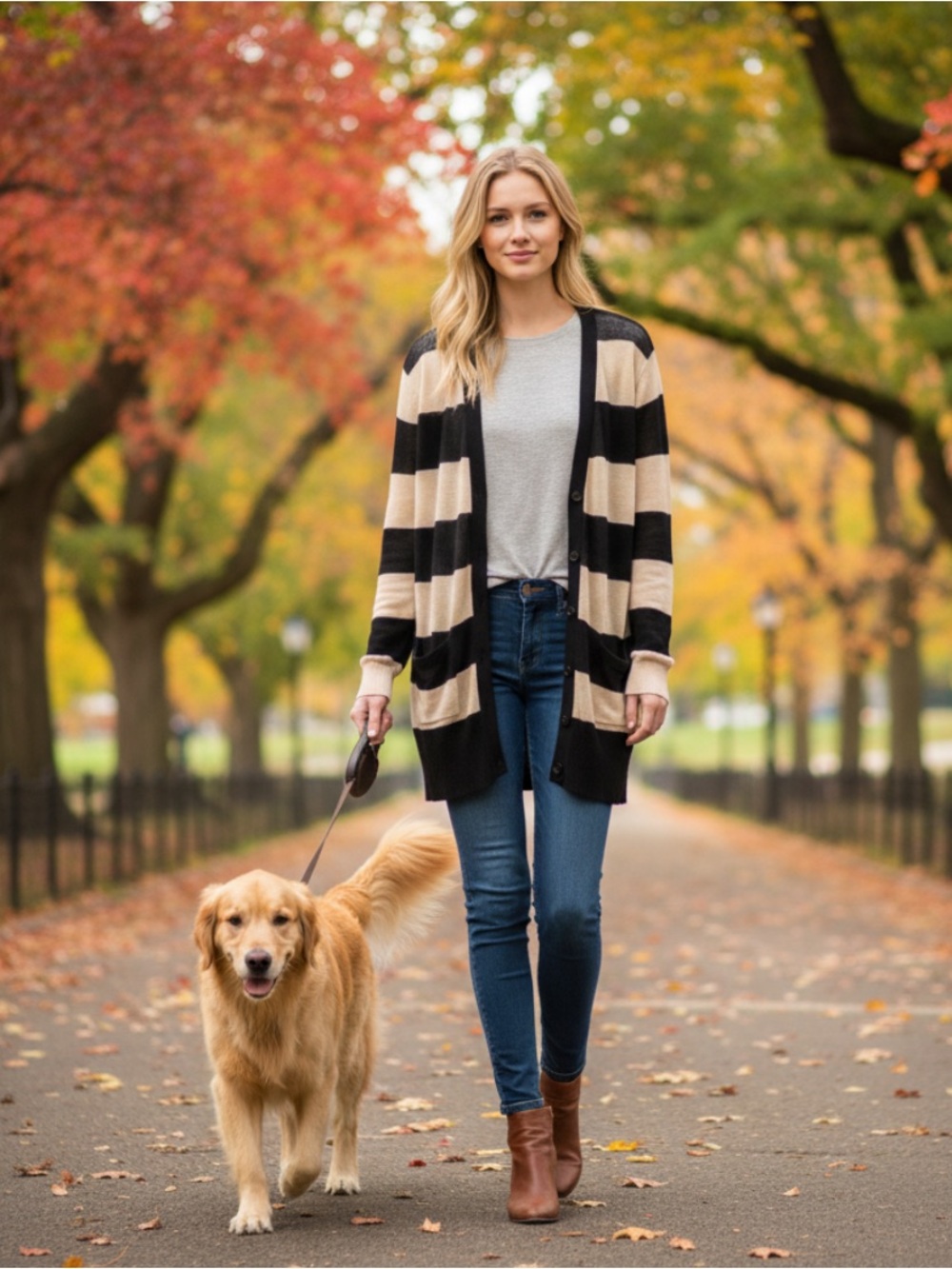 LOFT Black and Beige Striped Long Open Cardigan